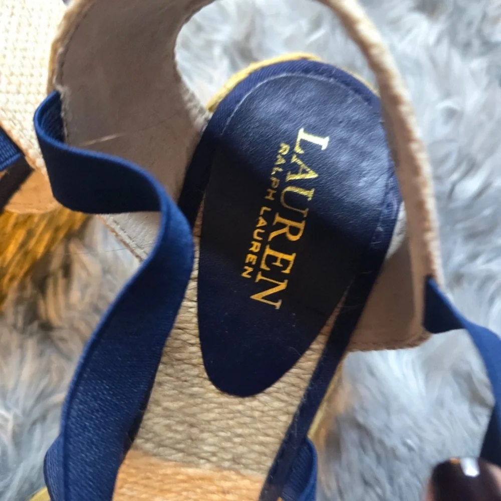 LAUREN Ralph Lauren Navy Floral Espadrille Wedge Sandals, Size 8